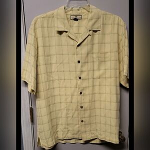 TOMMY BAHAMA 100% Silk Yellow Strip Button Up Mens Shirt Size Large